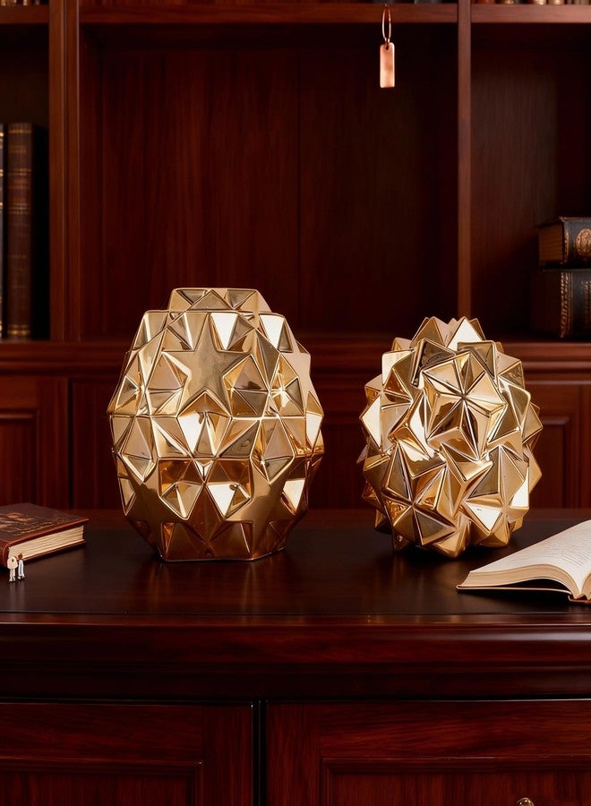 oliruim Gold Decor Geometric Sphere Figurines Set of 2 - Ceramic Gold Abstract Home Accents Orbs for Living Room Coffee Table, Shelf, Mantel, Office Tabletop Contemporary Sculpture - Image 5